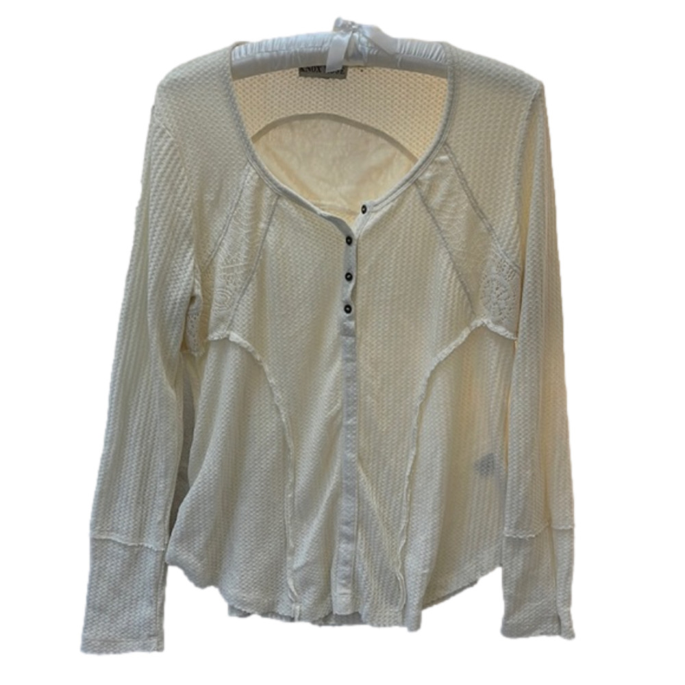 Knox Rose Women’s Long Sleeve knitted Shirt, Cream Color, Lace Detail Size 1X